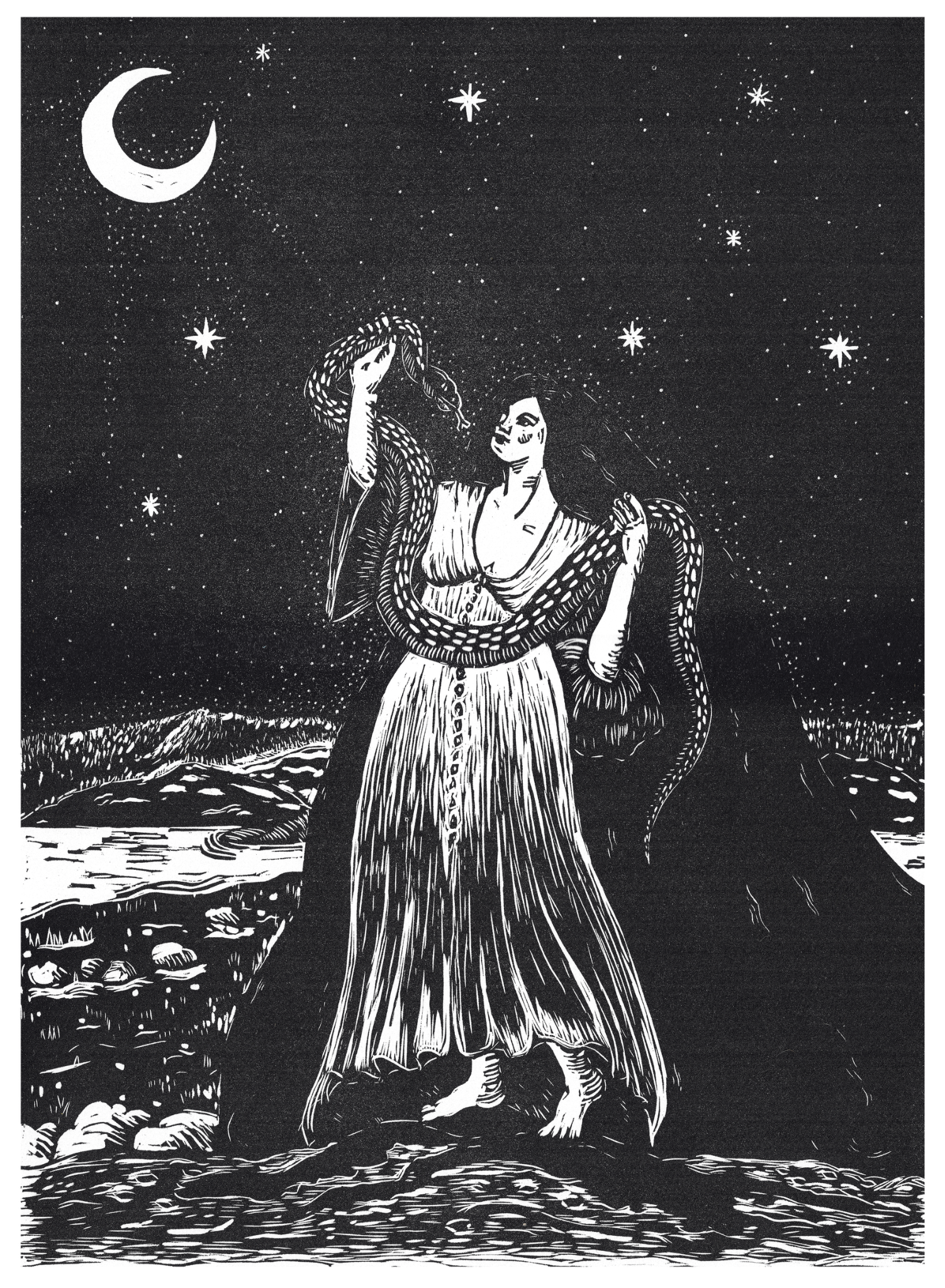 Amy Slowik's latest black-and-white lino print showing a woman holding a snake beneath a crescent moon and stars